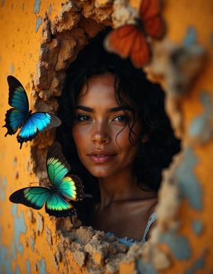 The primary subject of the image is a woman with long hair, who is peeking out from behind a wall. She is surrounded by butterflies, which are visible in various positions around her. The setting appears to be a natural environment, with the woman and butterflies creating a serene and peaceful atmosphere. The visual style of the image is a combination of photo and digital art, with the woman and butterflies being digitally manipulated to create a unique and artistic composition. The colors and mood